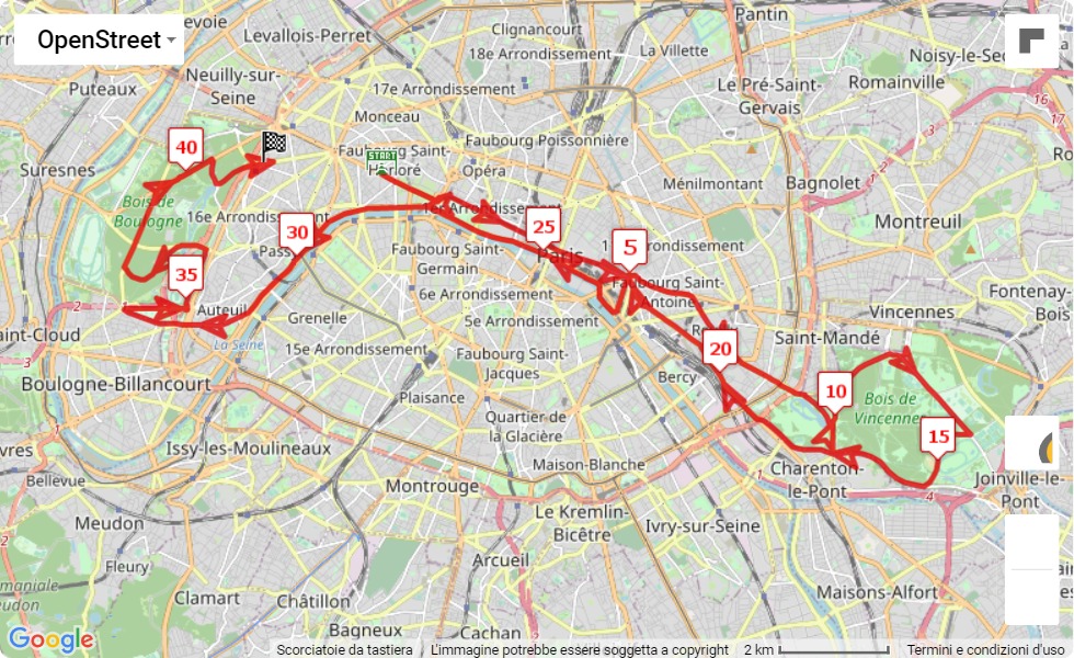 mappa percorso di gara Marathon de Paris - Paris Marathon