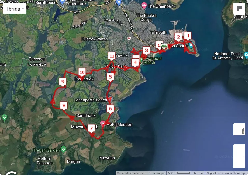 Run Falmouth 2024, mappa percorso gara 21.0975 km