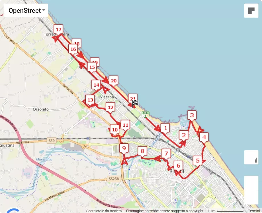 mappa percorso di gara Rimini Marathon 2024