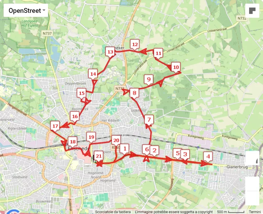 Enschede Marathon, 21.0975 km race course map