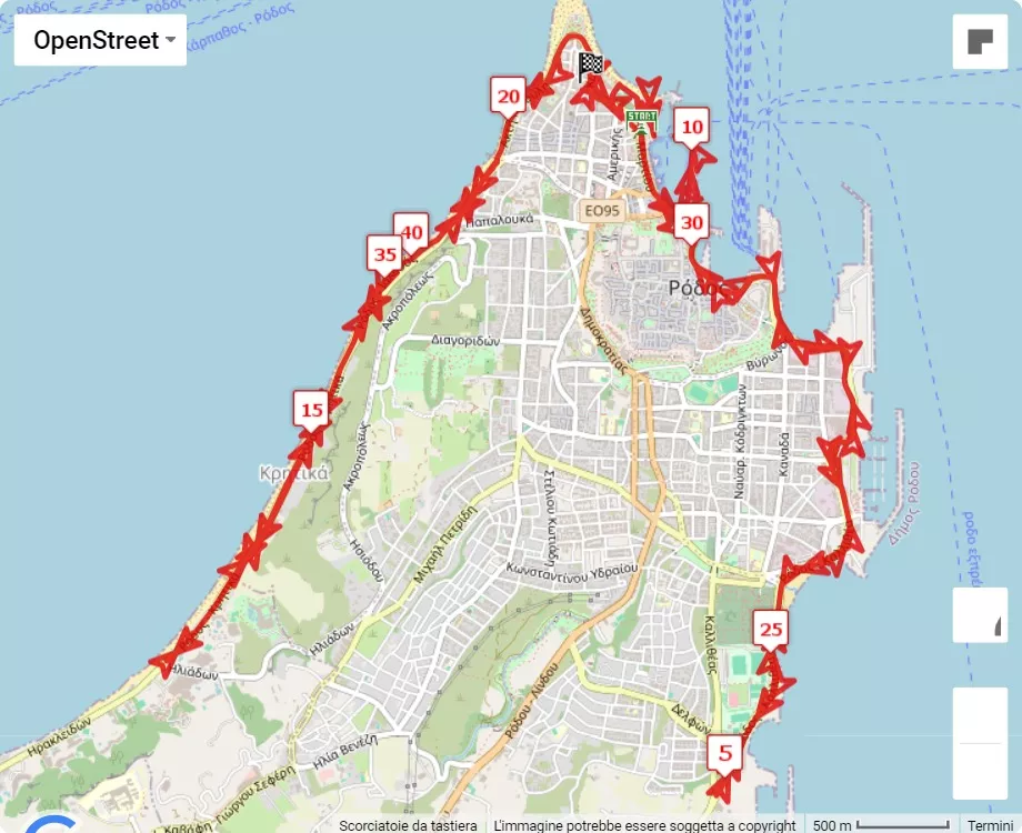 mappa percorso di gara Rhodes Marathon & Half 2024