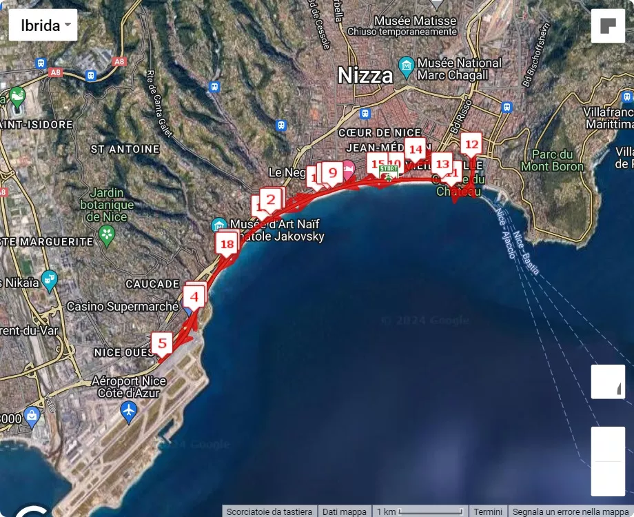21.1 km Semi-Marathon International de Nice 2024, 21.0975 km race course map