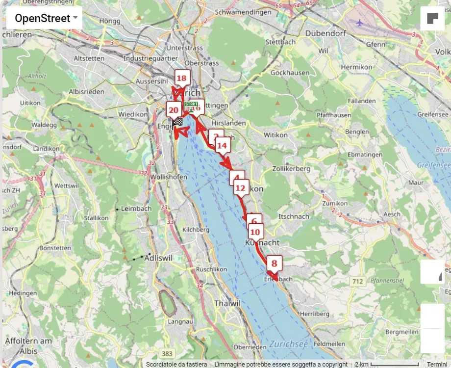 Zurich Marathon 2024, 21.0975 km race course map