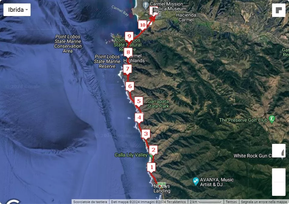 Big Sur Internation Marathon 2024, mappa percorso gara 17.699 km