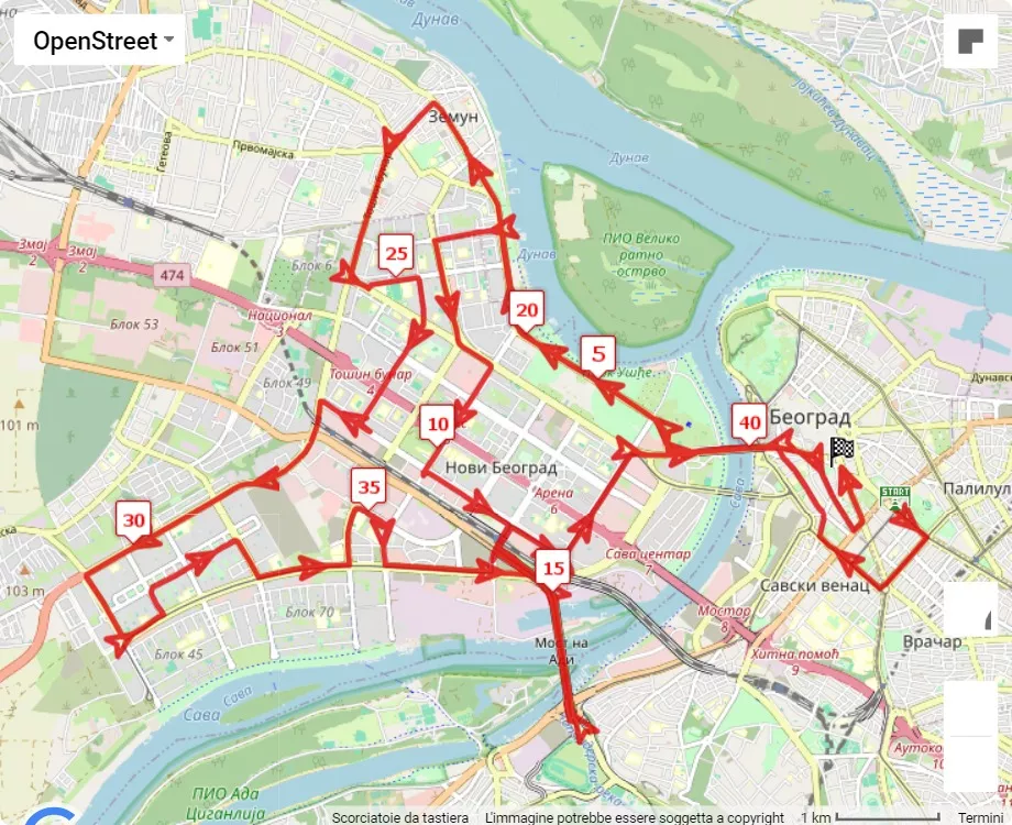 mappa percorso di gara 37th Comtrade Belgrade Maraton 2024