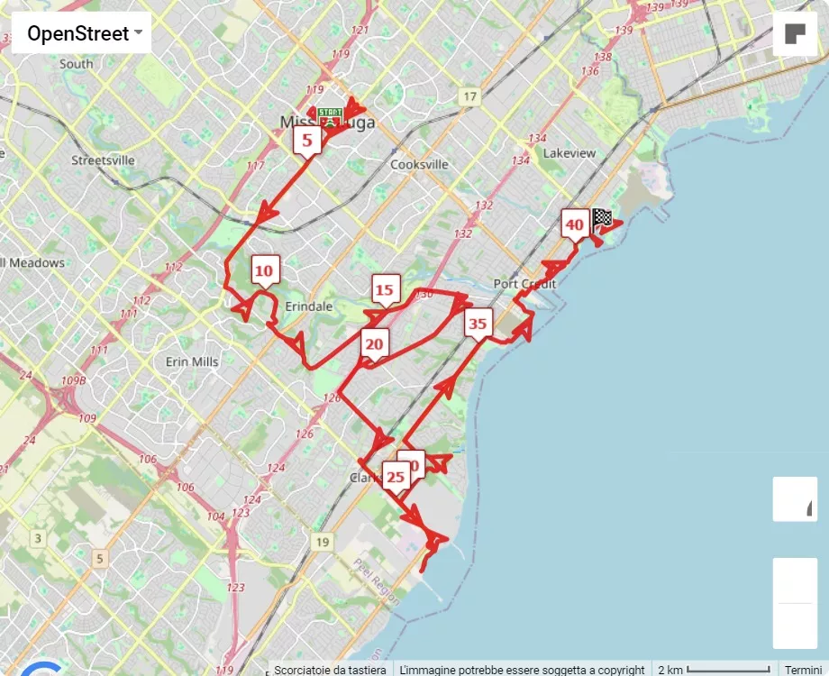 Beneva Mississauga Marathon, 42.195 km race course map