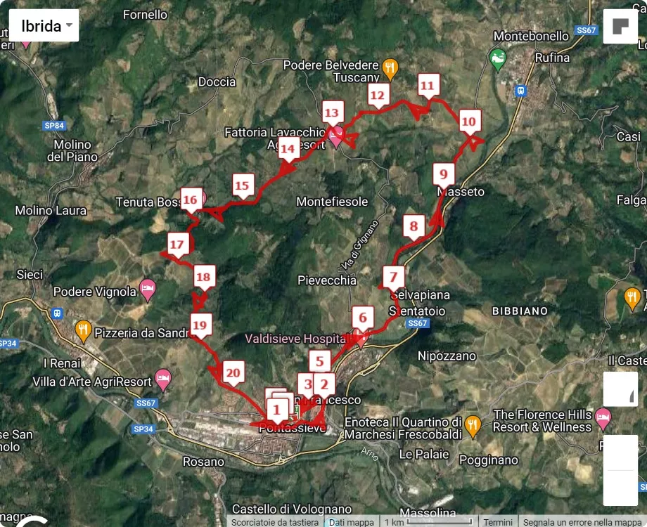 mappa percorso di gara 8° Mezza Maratona Città di Pontassieve