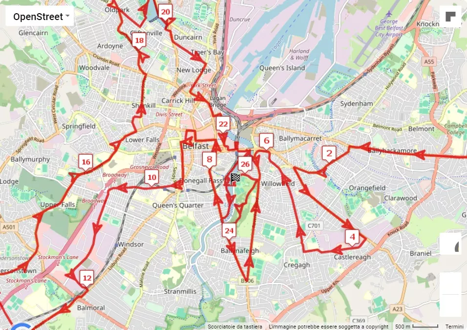 mappa percorso di gara 2024 Moy Park Belfast City Marathon