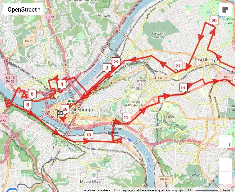mappa percorso di gara Pittsburgh Marathon 2024