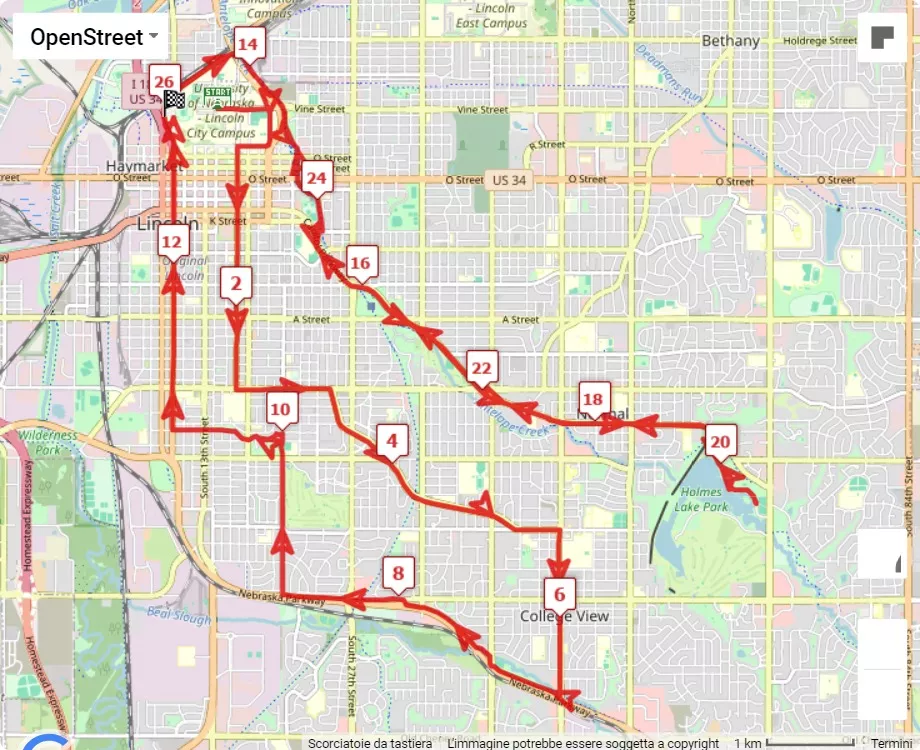 47th Annual Lincoln Marathon, 42.195 km race course map