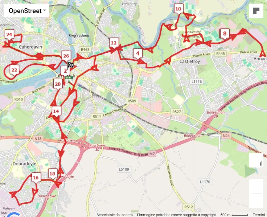 Great Limerick Run, 42.195 km race course map