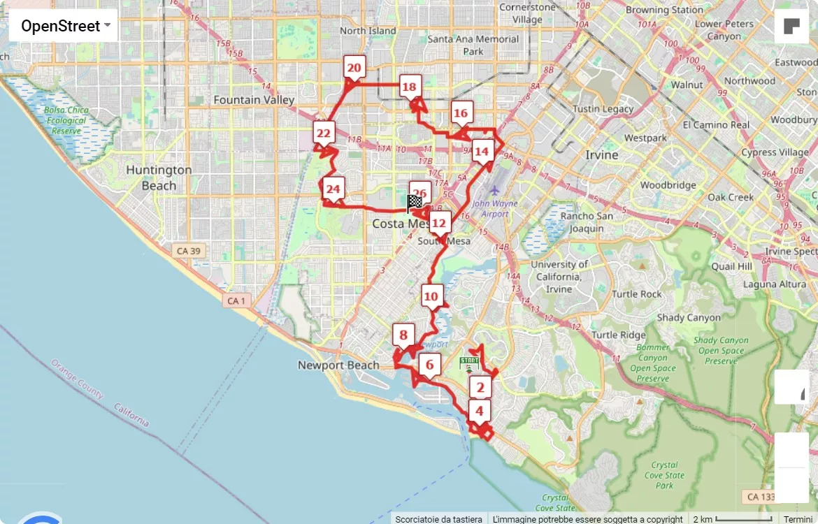mappa percorso di gara Orange County Marathon