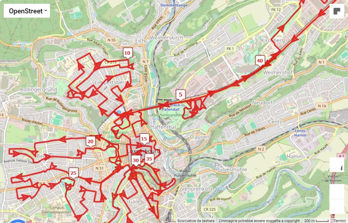 mappa percorso di gara ING Night Marathon Luxembourg