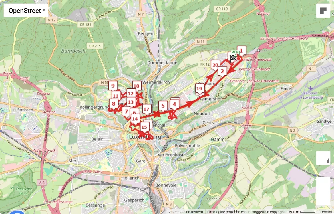 ING Night Marathon Luxembourg, mappa percorso gara 21.0975 km