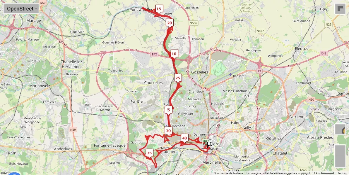 mappa percorso di gara Marathon International de Charleroi Métropole