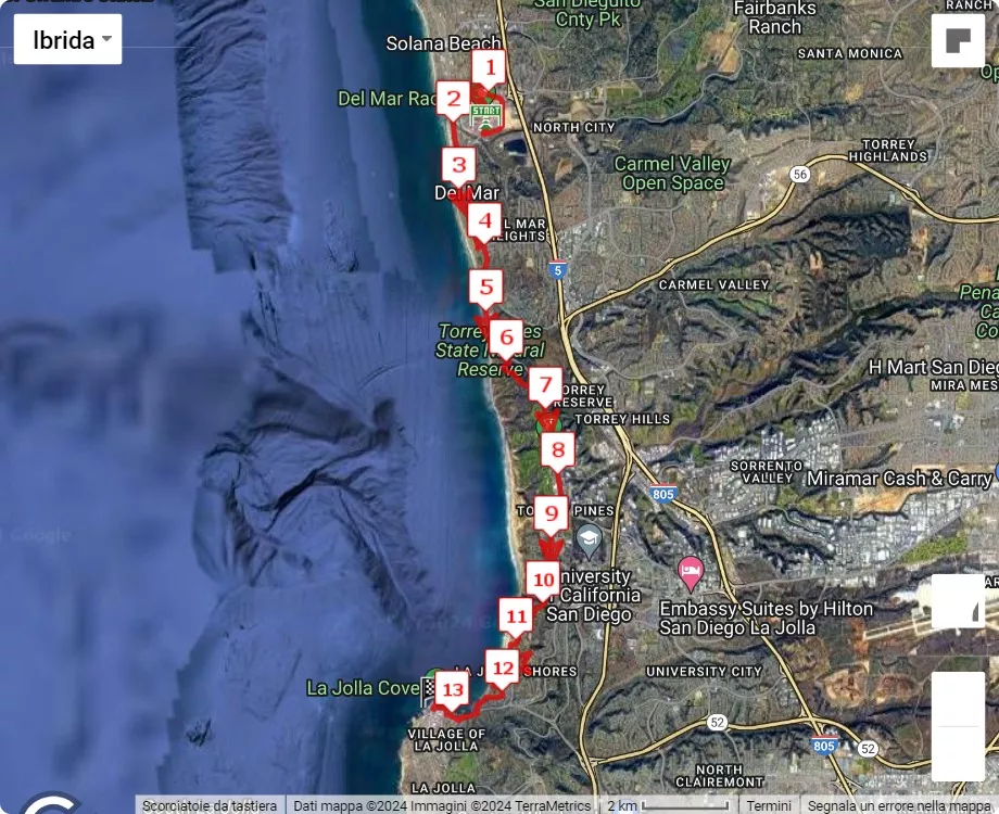 La Jolla Half Marathon & 5K Race Course, 21.0975 km race course map
