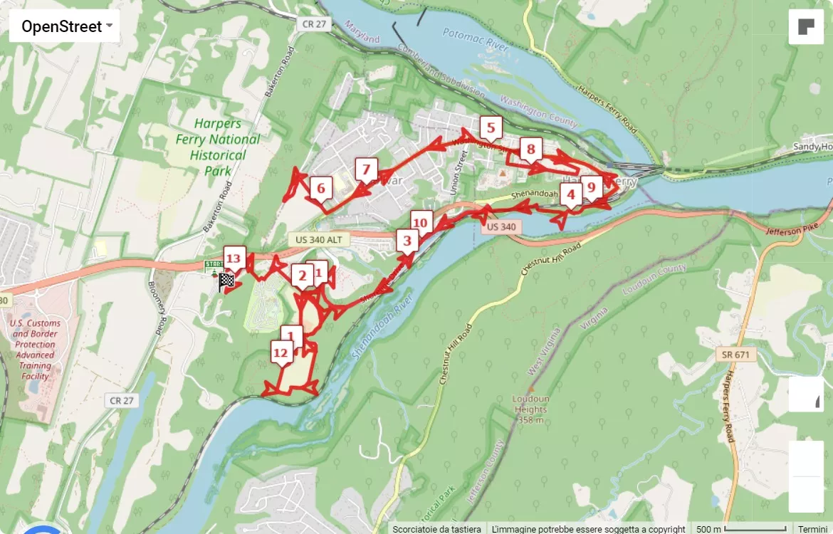 mappa percorso di gara Harpers Ferry Half Marathon