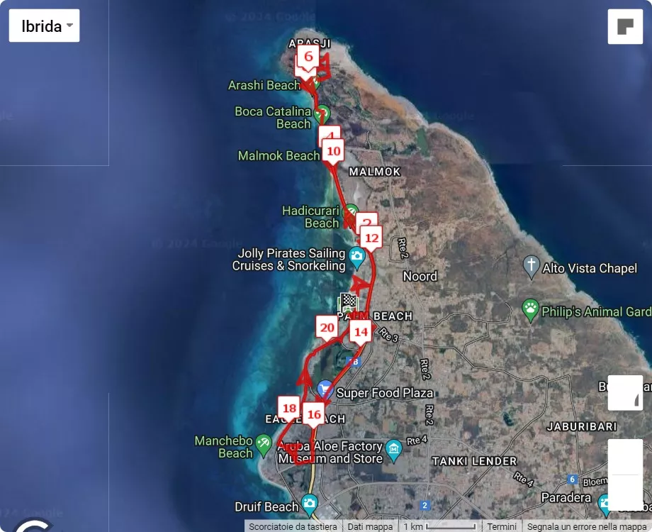 KLM Aruba Marathon, 21.0975 km race course map