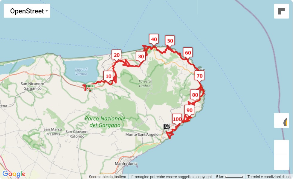 mappa percorso di gara 100 km nel Gargano