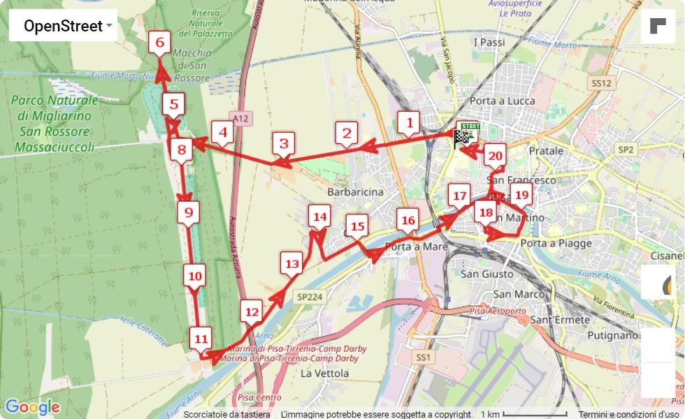 race course map 15° Pisa Half Marathon