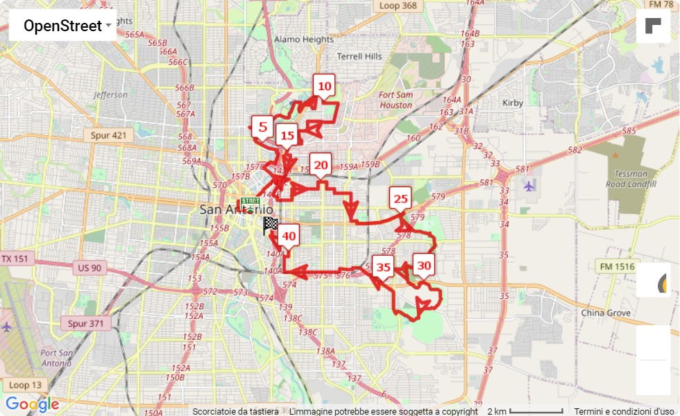 Rock ‘n’ Roll San Antonio Marathon 2021, 42.195 km race course map Rock ‘n’ Roll San Antonio Marathon 2021
