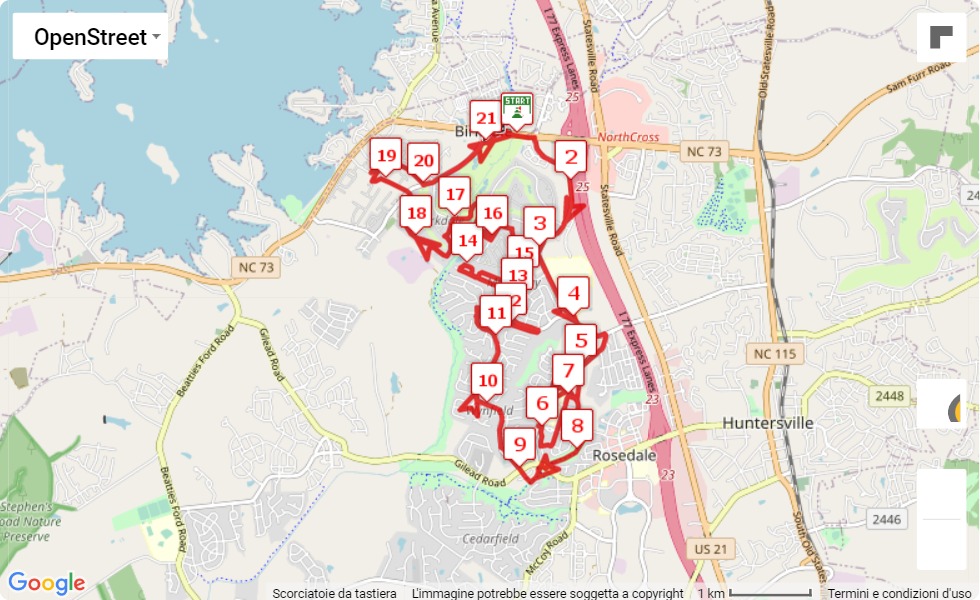 mappa percorso di gara Huntersville Half Marathon 2021