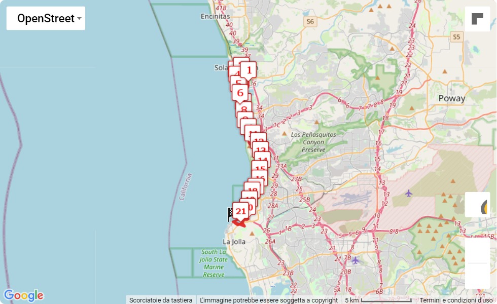 La Jolla Half Marathon & La Jolla Shores 5K, mappa percorso gara 21.0975 km La Jolla Half Marathon & La Jolla Shores 5K