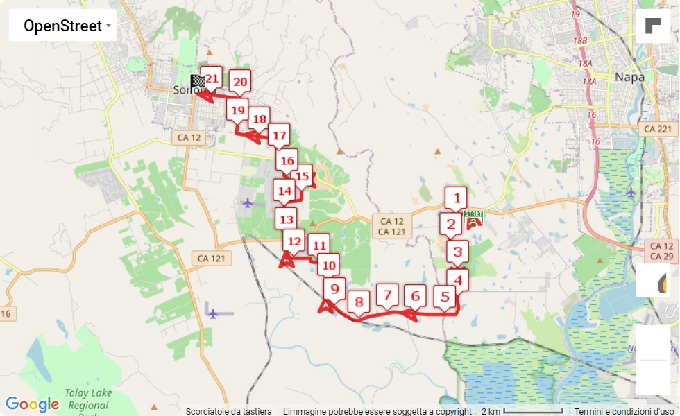 mappa percorso di gara Napa-to-Sonoma Wine Country Half Marathon 2021