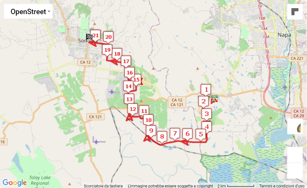 Napa-to-Sonoma Wine Country Half Marathon 2021, mappa percorso gara 21.0975 km Napa-to-Sonoma Wine Country Half Marathon 2021