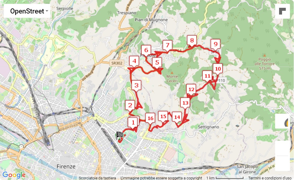 mappa percorso di gara 41ª Firenze-Fiesole-Firenze