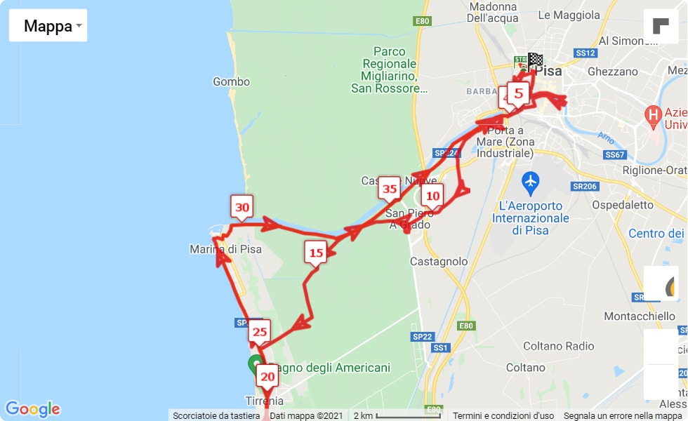 race course map 22° Cetilar Maratona di Pisa - 13° La Pisanina - 10° Corsa dei Babbo Natal