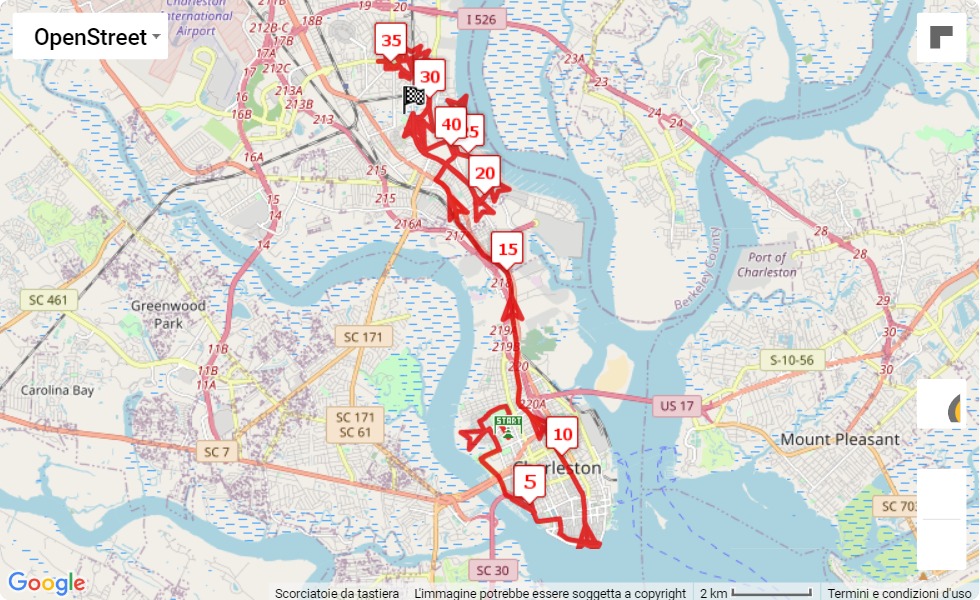 mappa percorso di gara Charleston Marathon 2022