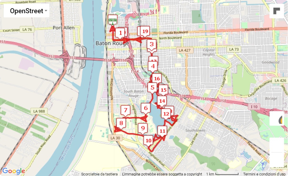 Louisiana Marathon 2022, 21.0975 km race course map Louisiana Marathon 2022