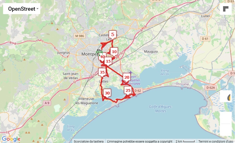mappa percorso di gara Marathon de Montpellier 2022