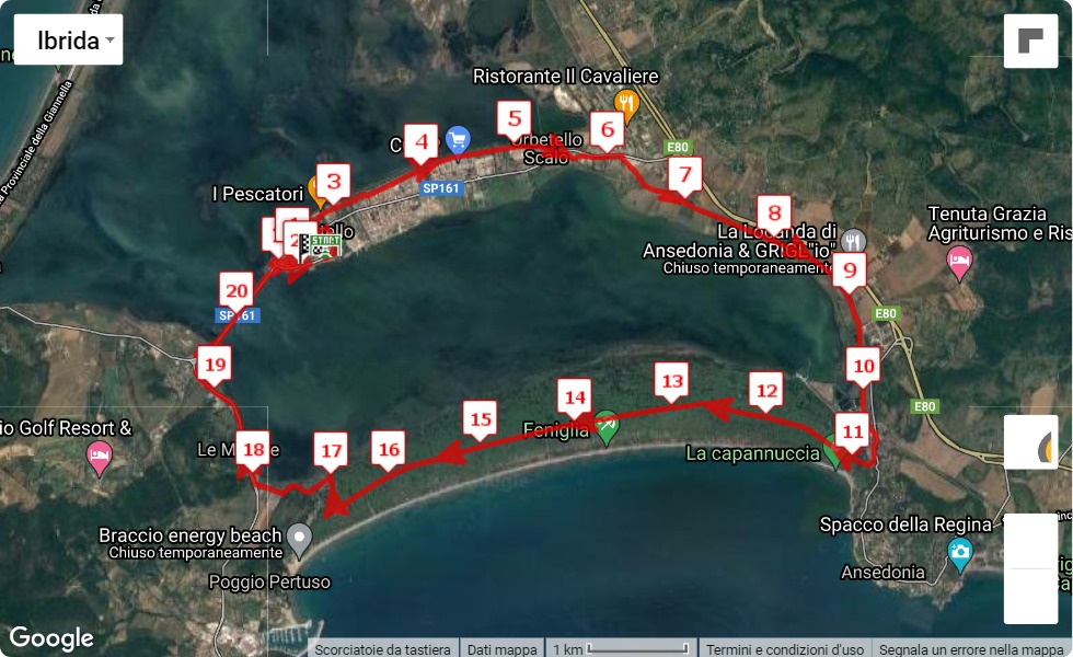 12° Giro della Laguna - Orbetello Half Marathon, 21.0975 km race course map 12° Giro della Laguna - Orbetello Half Marathon