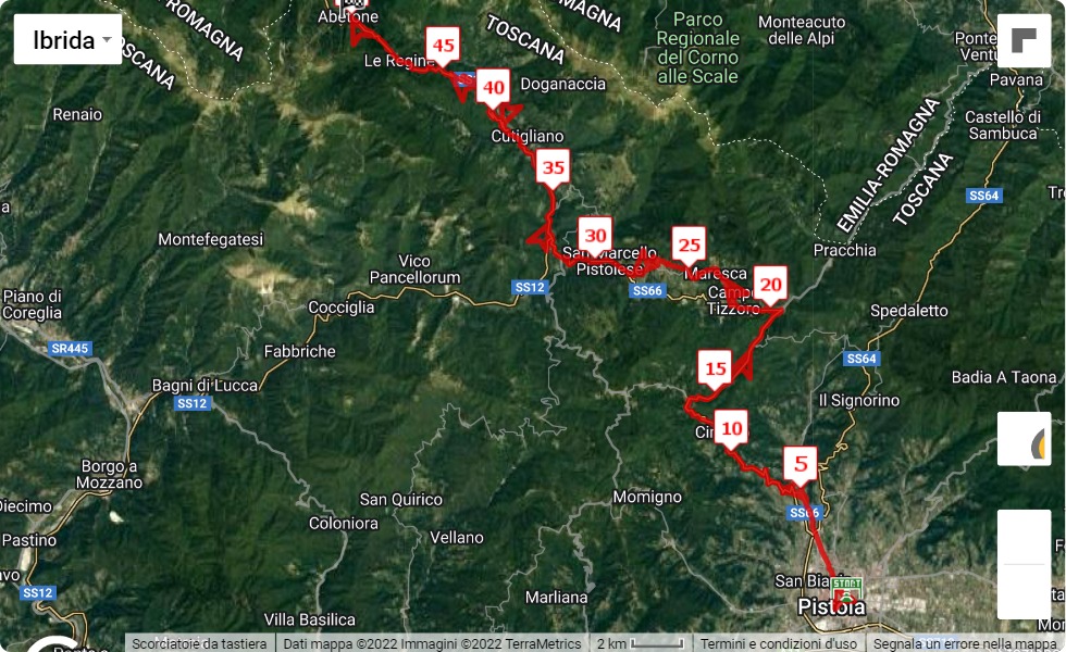 mappa percorso di gara 45° Pistoia - Abetone