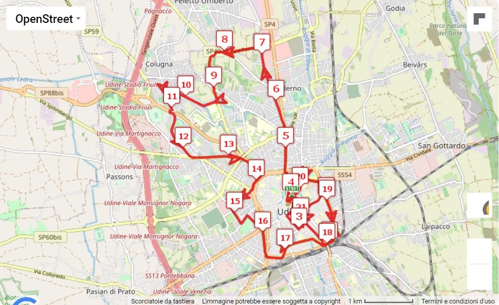 22° Maratonina Città di Udine, mappa percorso gara 21.0975 km 22° Maratonina Città di Udine