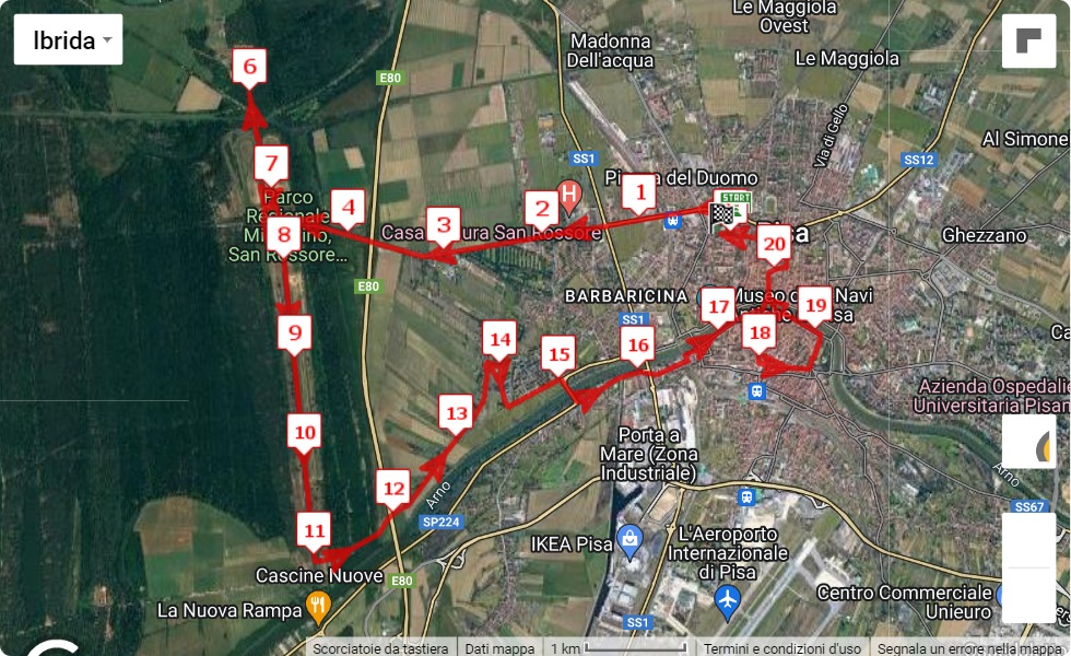 16° Pisa Half Marathon, 21.0975 km race course map 16° Pisa Half Marathon
