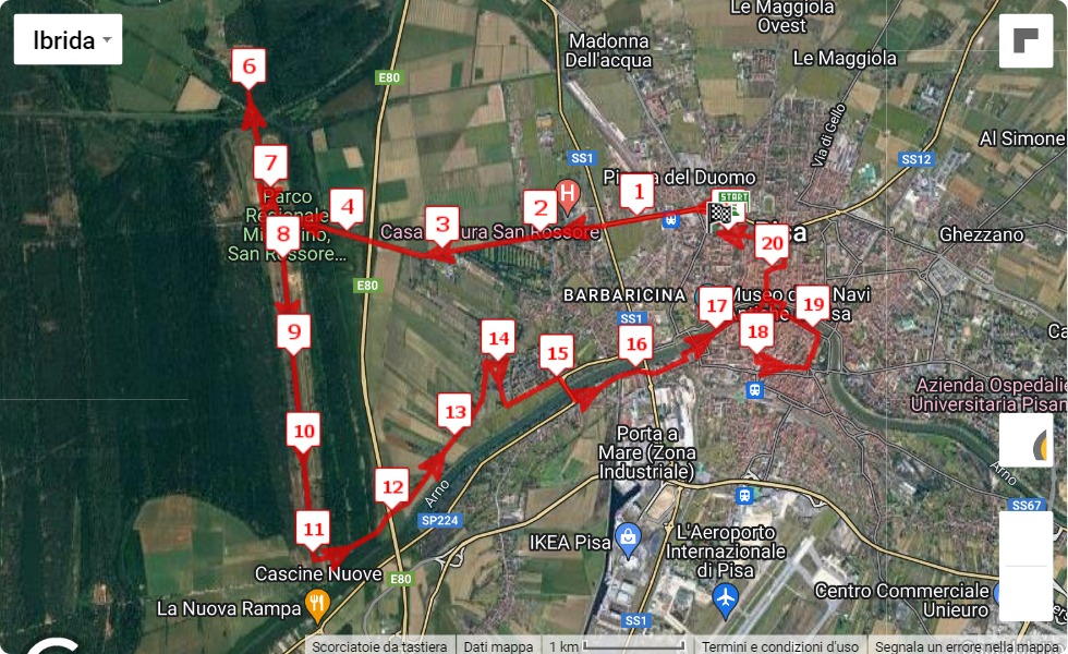 16° Pisa Half Marathon, mappa percorso gara 21.0975 km 16° Pisa Half Marathon