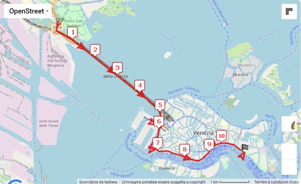 36° Venice Marathon - 8° VM10KM, mappa percorso gara 10 km 36° Venice Marathon - 8° VM10KM