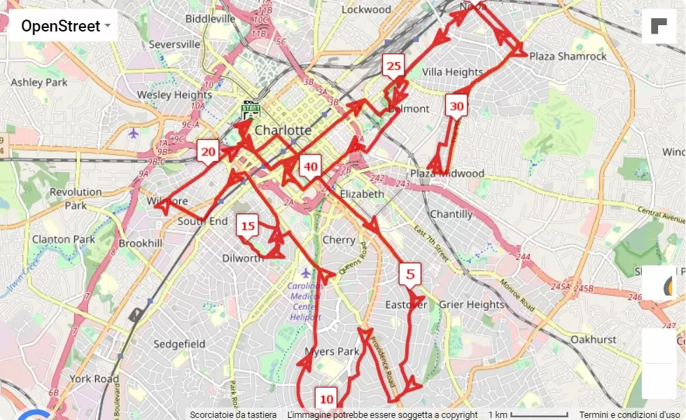 mappa percorso di gara Novant Health Charlotte Marathon 2022