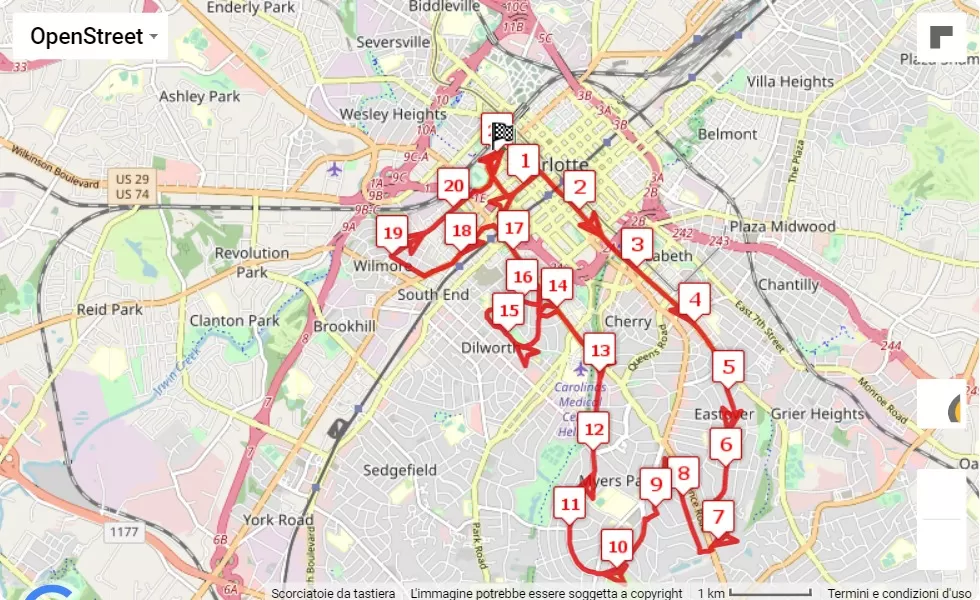 mappa percorso di gara Novant Health Charlotte Marathon 2022