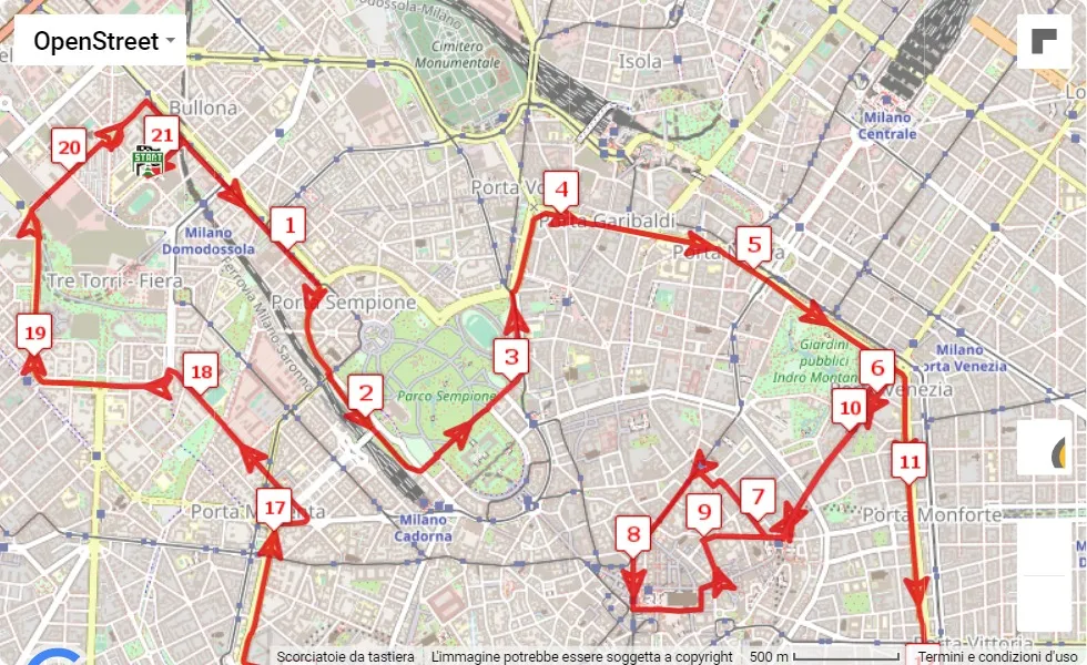 mappa percorso di gara 5° Ganten Milano21 Half Marathon