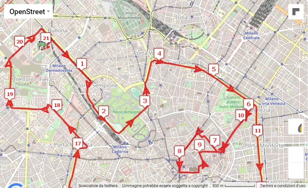 race course map 5° Ganten Milano21 Half Marathon