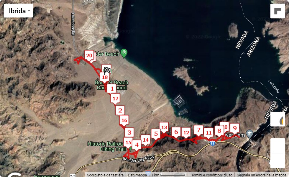 Hoover Dam Marathon, 1/2, 10K, 5K 2022, mappa percorso gara 21.0975 km Hoover Dam Marathon, 1/2, 10K, 5K 2022