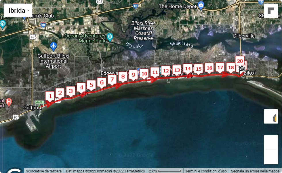 Mississippi Gulf Coast Marathon 2022, mappa percorso gara 21.0975 km Mississippi Gulf Coast Marathon 2022