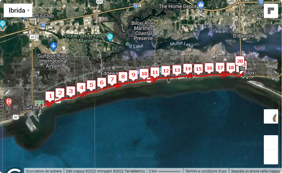 Mississippi Gulf Coast Marathon 2022, 21.0975 km race course map Mississippi Gulf Coast Marathon 2022