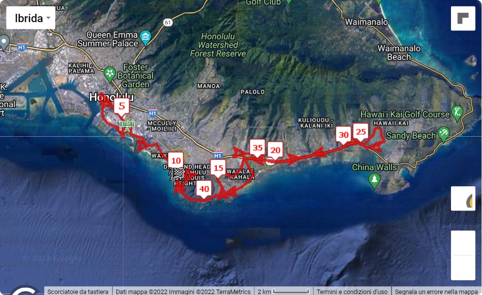 mappa percorso di gara Honolulu Marathon 2022
