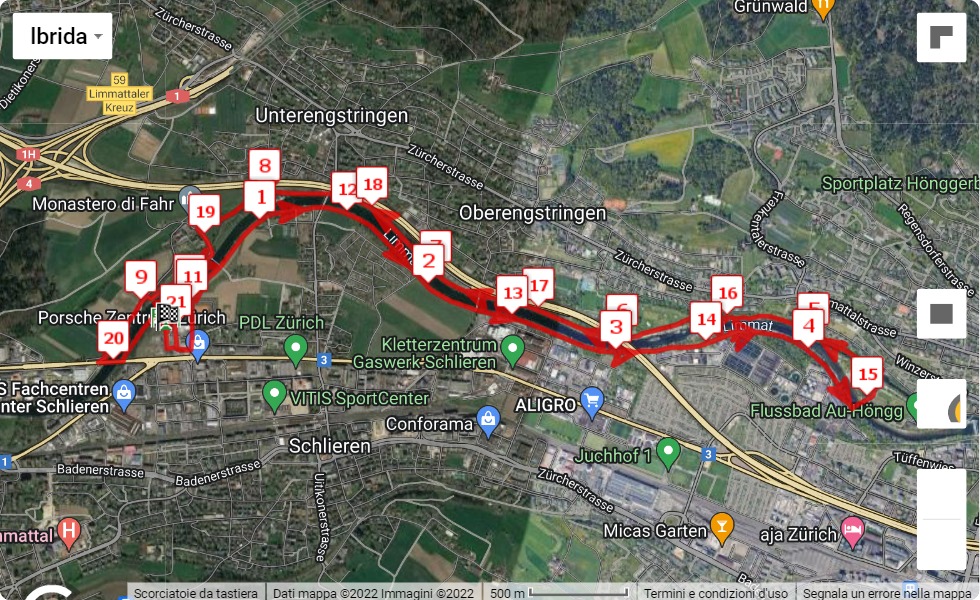 Neujahrsmarathon Zürich 2023, 21.0975 km race course map Neujahrsmarathon Zürich 2023