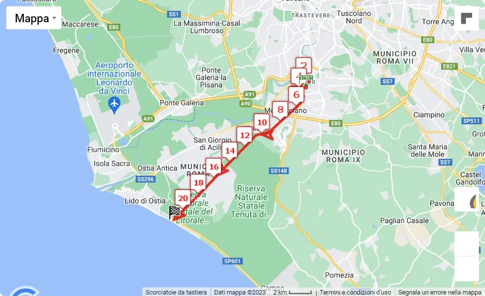 48° Roma-Ostia, mappa percorso gara 21.0975 km